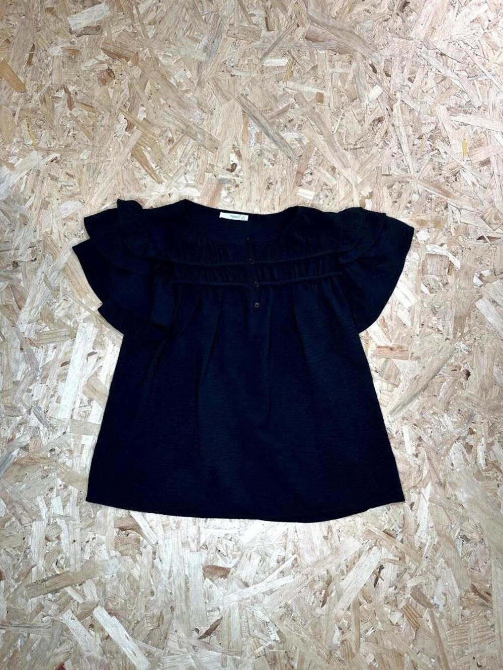 Timing Womens Blouse Small Black Ruffle Flutter Sleeve Crepe Knit Top